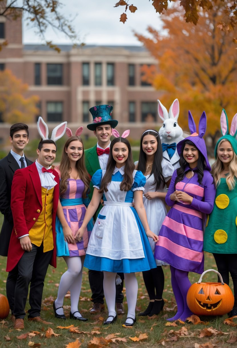 Ten college students dressed in colorful Alice in Wonderland themed Halloween costumes posing outdoors on a campus with autumn leaves and trees in the background.