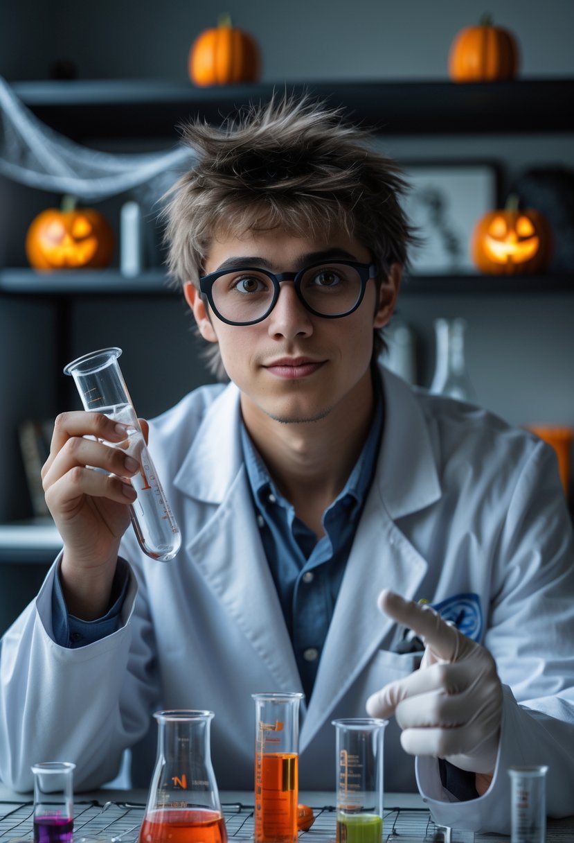 A young college student wearing a white lab coat and glasses, holding colorful test tubes in a decorated room with Halloween elements.