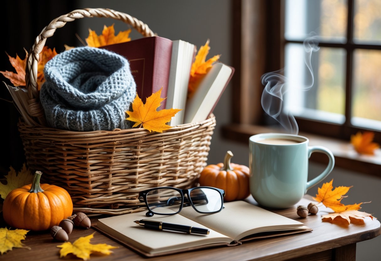 A fall-themed gift basket filled with cozy items like a scarf, book, glasses, mug, pumpkin, and candles on a wooden table with autumn leaves.