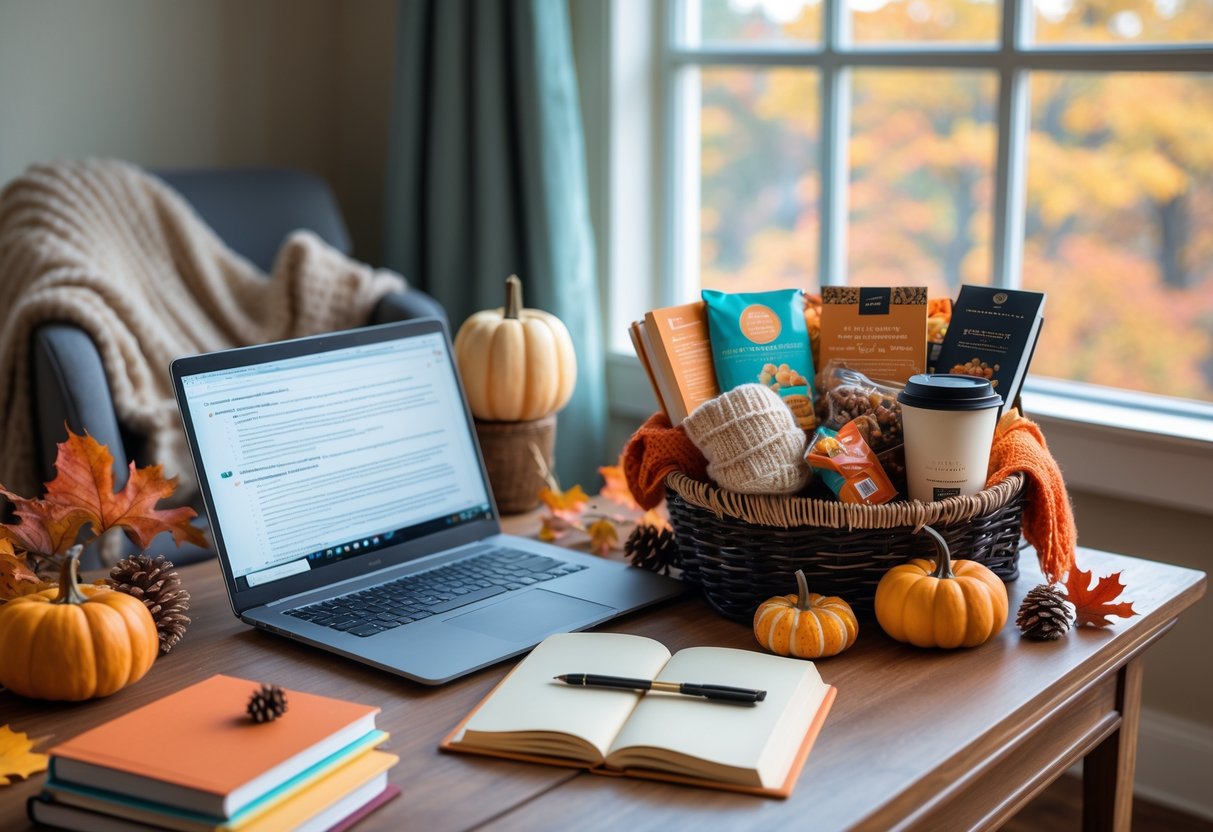 A cozy workspace with a laptop, books, and a fall-themed gift basket containing snacks, a scarf, and a coffee cup on a wooden desk near a window with autumn leaves outside.