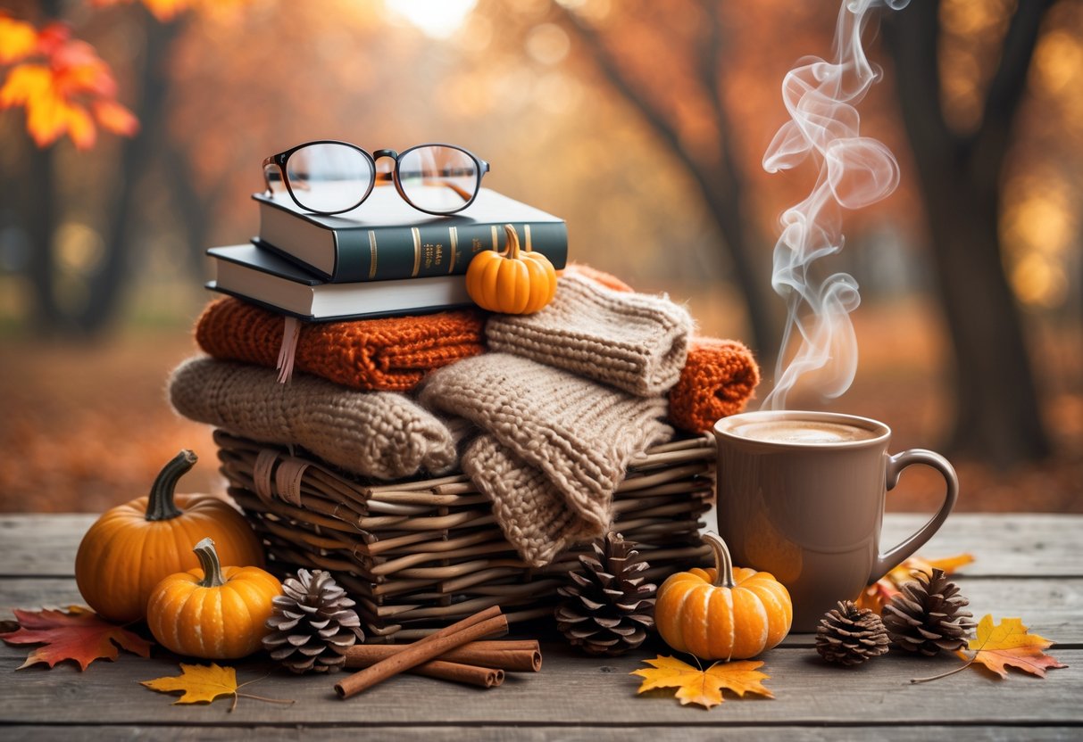 A fall-themed gift basket with pumpkins, books, eyeglasses, and a cup of coffee on a wooden table surrounded by autumn leaves.