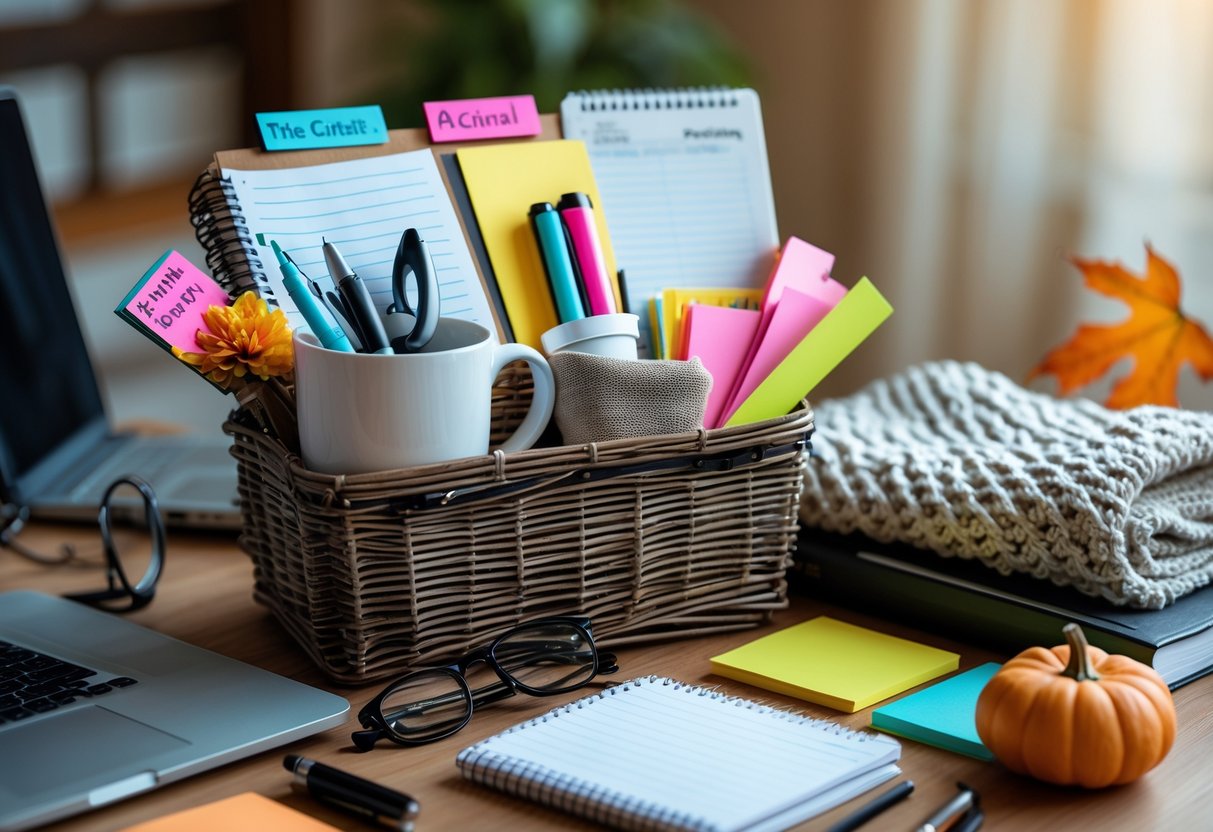 A gift basket filled with notebooks, pens, a coffee mug, and study supplies on a wooden desk with textbooks, reading glasses, and fall decorations around it.