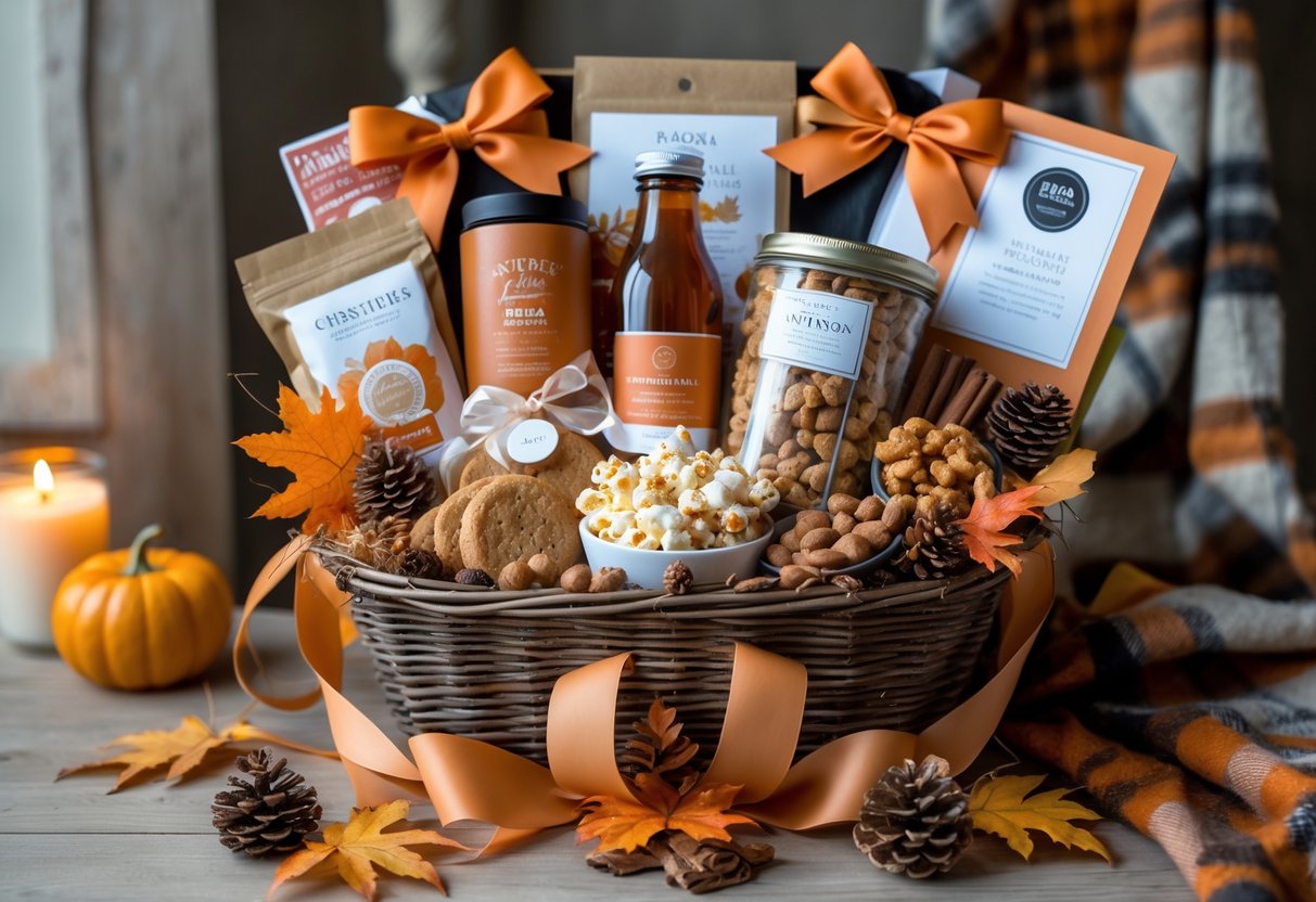 A fall-themed gift basket filled with seasonal snacks and beverages, including cookies, nuts, apple cider, and a travel mug, decorated with autumn leaves and pinecones on a wooden surface.