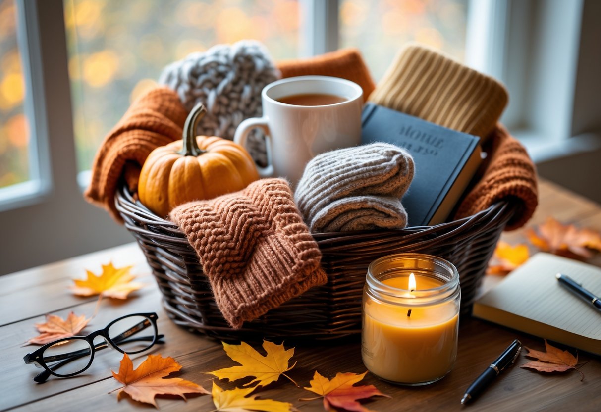 A fall gift basket with cozy items like a knitted blanket, mug, socks, book, pumpkin, cinnamon sticks, and candle on a wooden table surrounded by autumn leaves.
