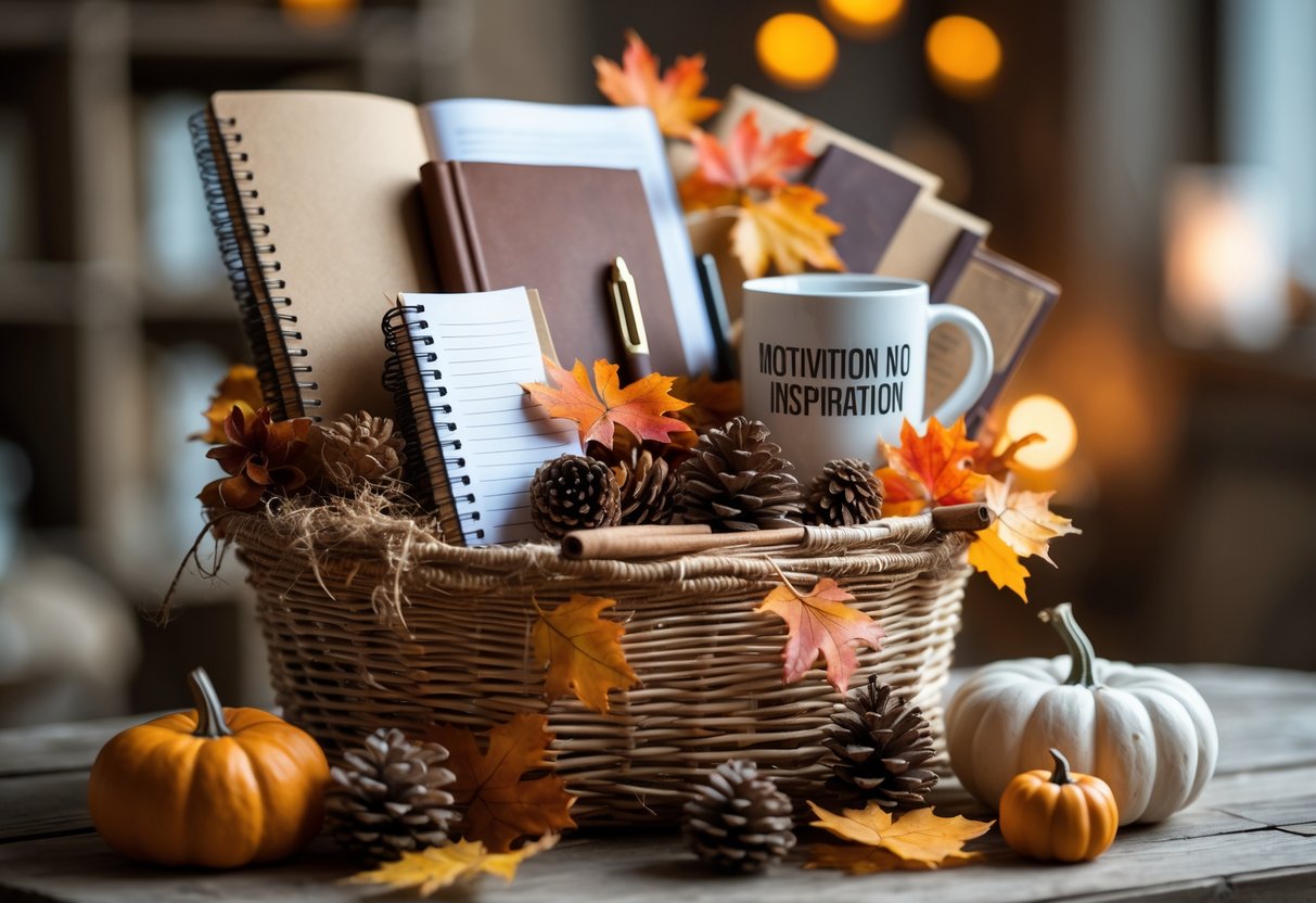 A fall-themed gift basket filled with books, a notebook, a pen, a coffee mug, and autumn decorations on a wooden table.