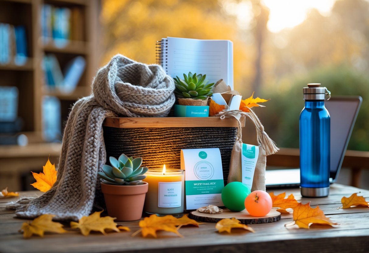 A fall-themed gift basket filled with wellness items like tea, a candle, a journal, and a scarf, placed on a wooden table with autumn leaves and a blurred academic background.