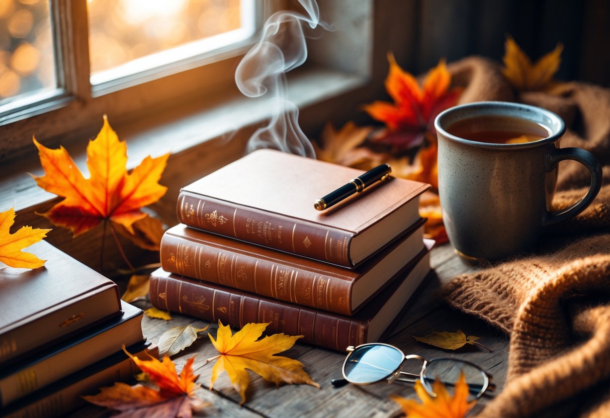 A cozy autumn scene with books, a leather journal, a cup of tea, fallen leaves, a scarf, and reading glasses arranged on a wooden surface.