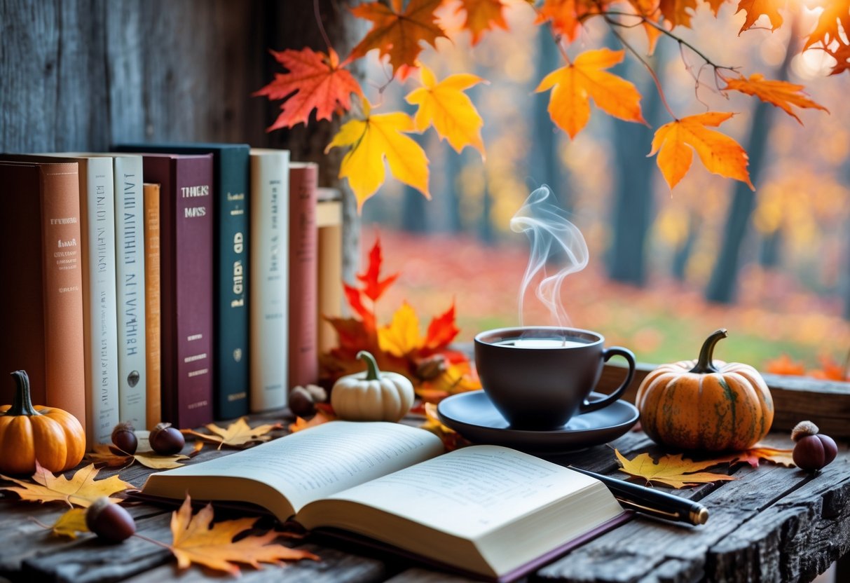 A wooden table with books, autumn leaves, a cup of tea, and a notebook with a pen, set near a window showing fall trees outside.