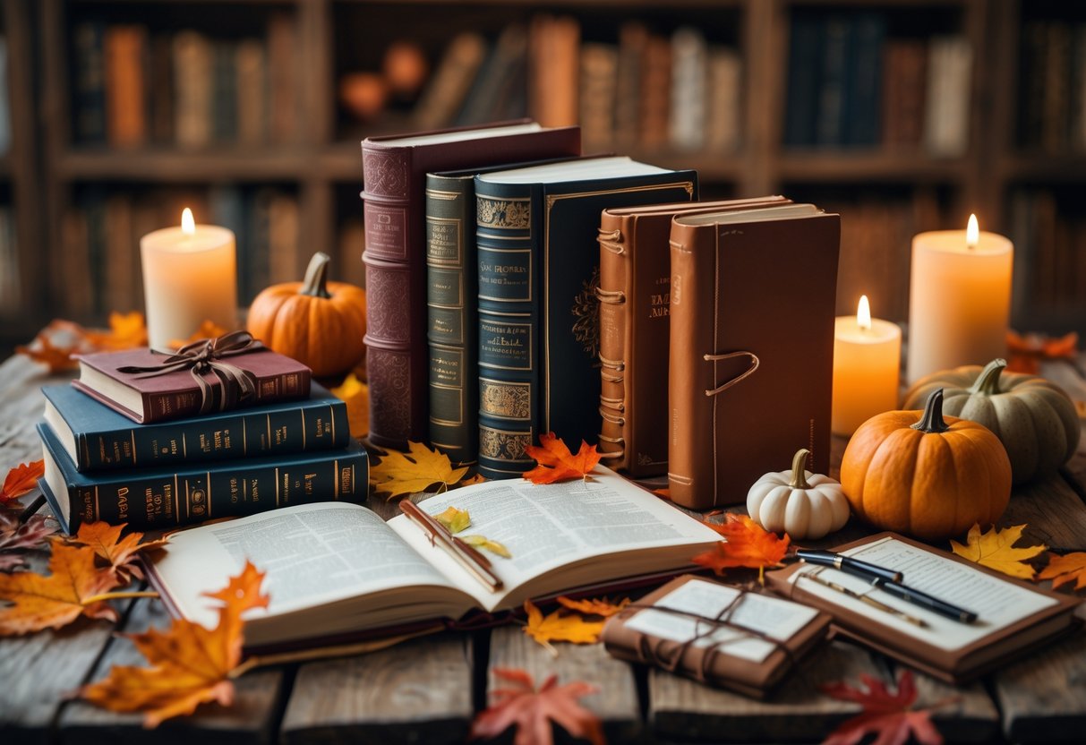 A rustic wooden table with autumn leaves, pumpkins, classic books, leather journals, fountain pens, and bookmarks arranged as a literary gift set.