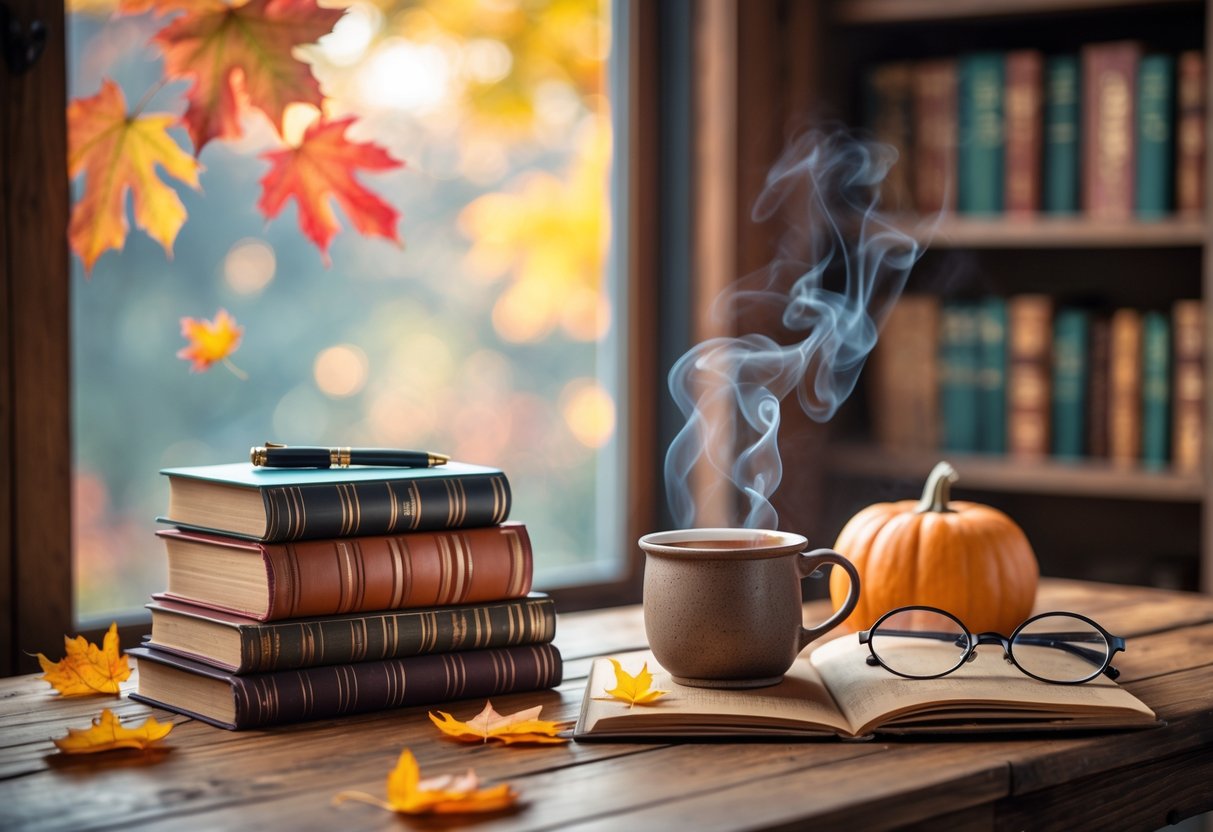 A wooden desk by a window with autumn leaves outside, displaying books, a leather journal, a fountain pen, reading glasses, a cup of tea, a small pumpkin, and autumn leaves.