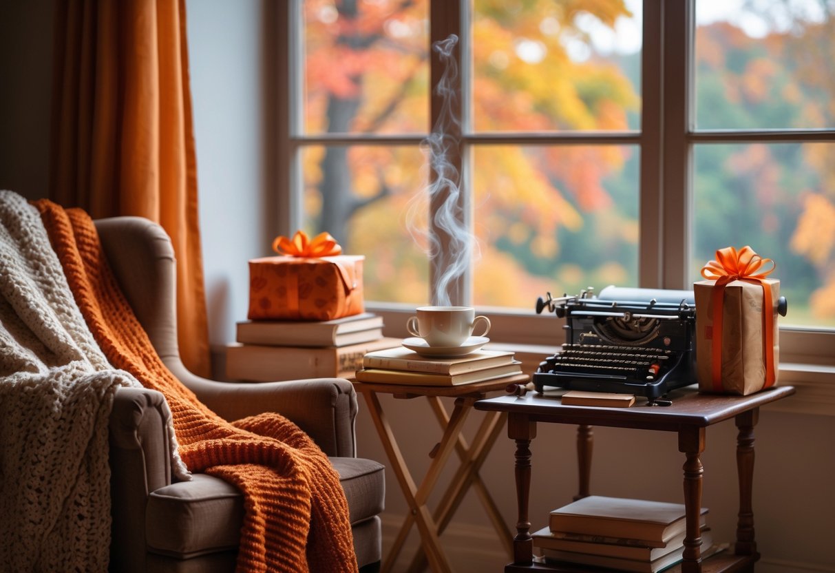 A cozy reading nook by a window with fall leaves outside, featuring an armchair, blanket, books, a cup of tea, a wrapped gift, and a vintage typewriter.