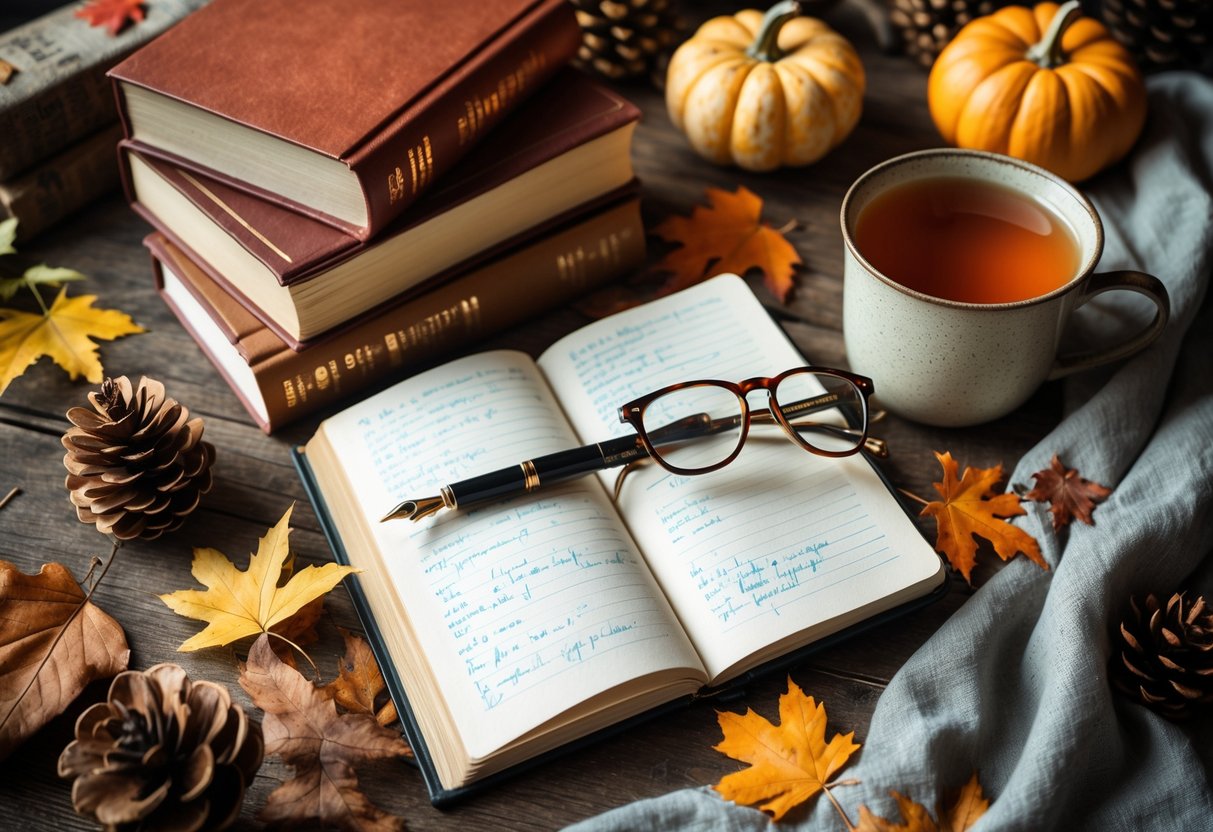 A flat lay of books, a fountain pen, reading glasses, a notebook, and a cup of tea surrounded by autumn leaves and pinecones.