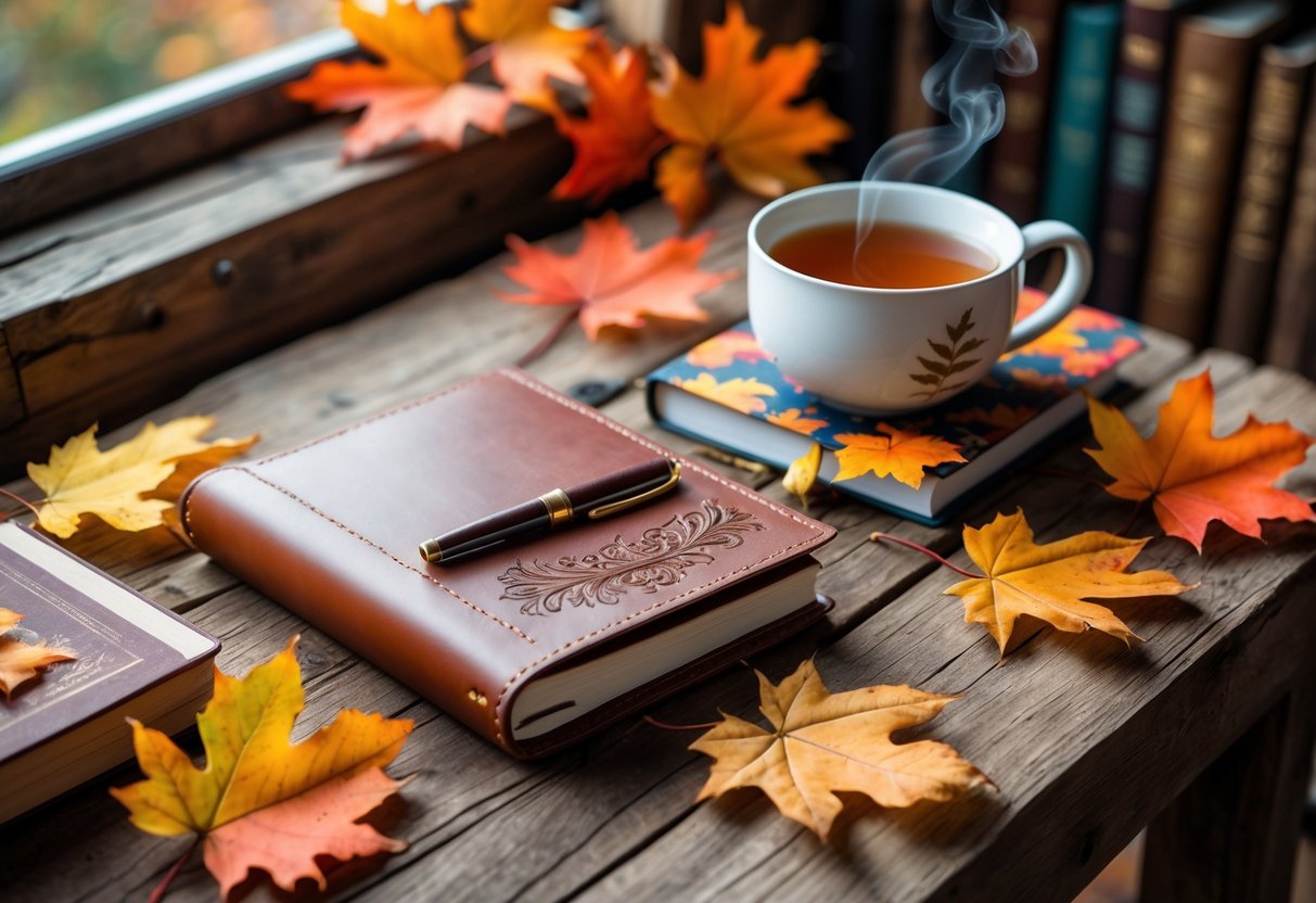 A wooden table with personalized gifts including a leather journal, fountain pen, books, and a mug of tea surrounded by autumn leaves.