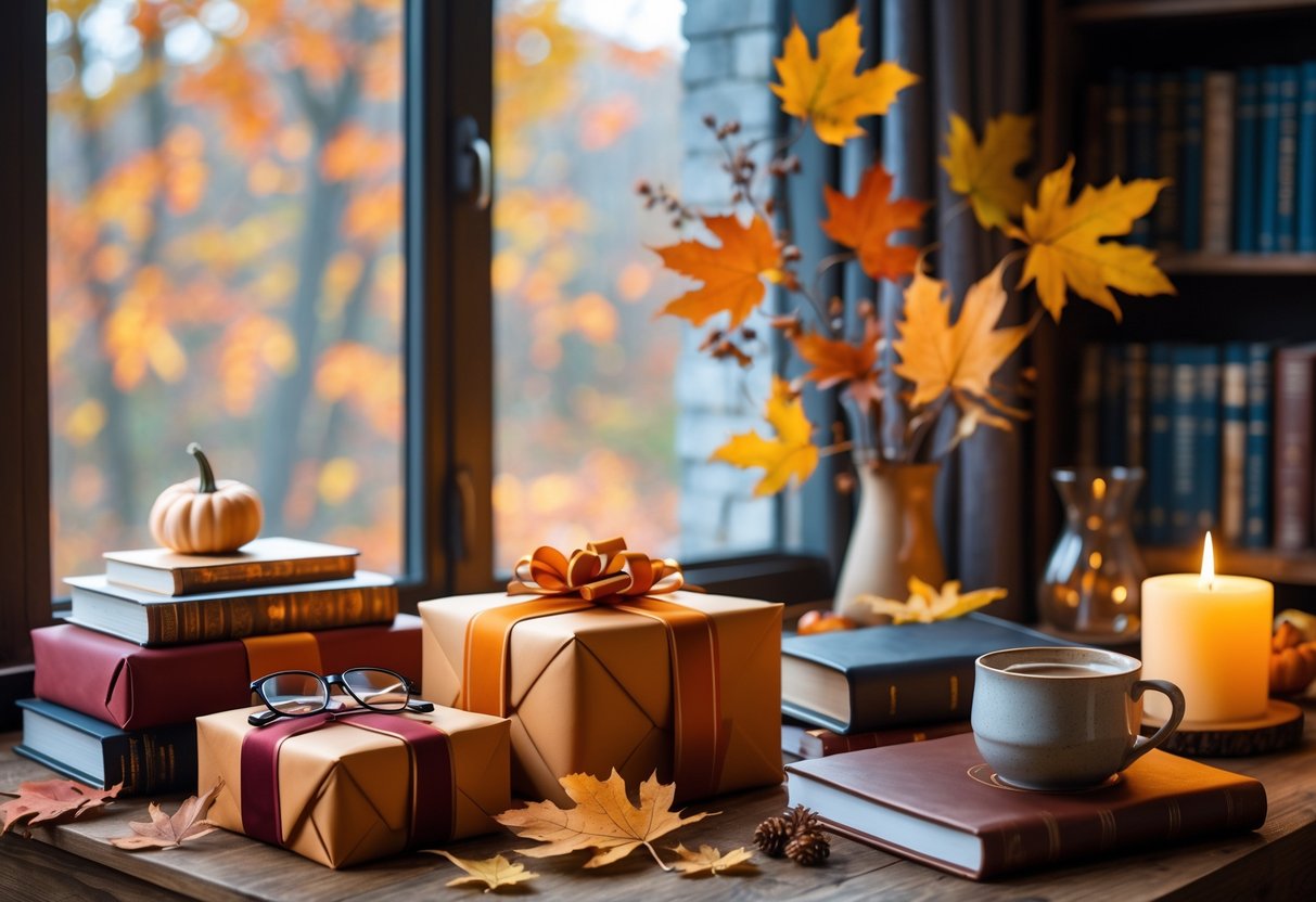 A cozy autumn desk with wrapped birthday gifts, books, reading glasses, a journal, a cup of tea, a small pumpkin, and fall leaves near a window.