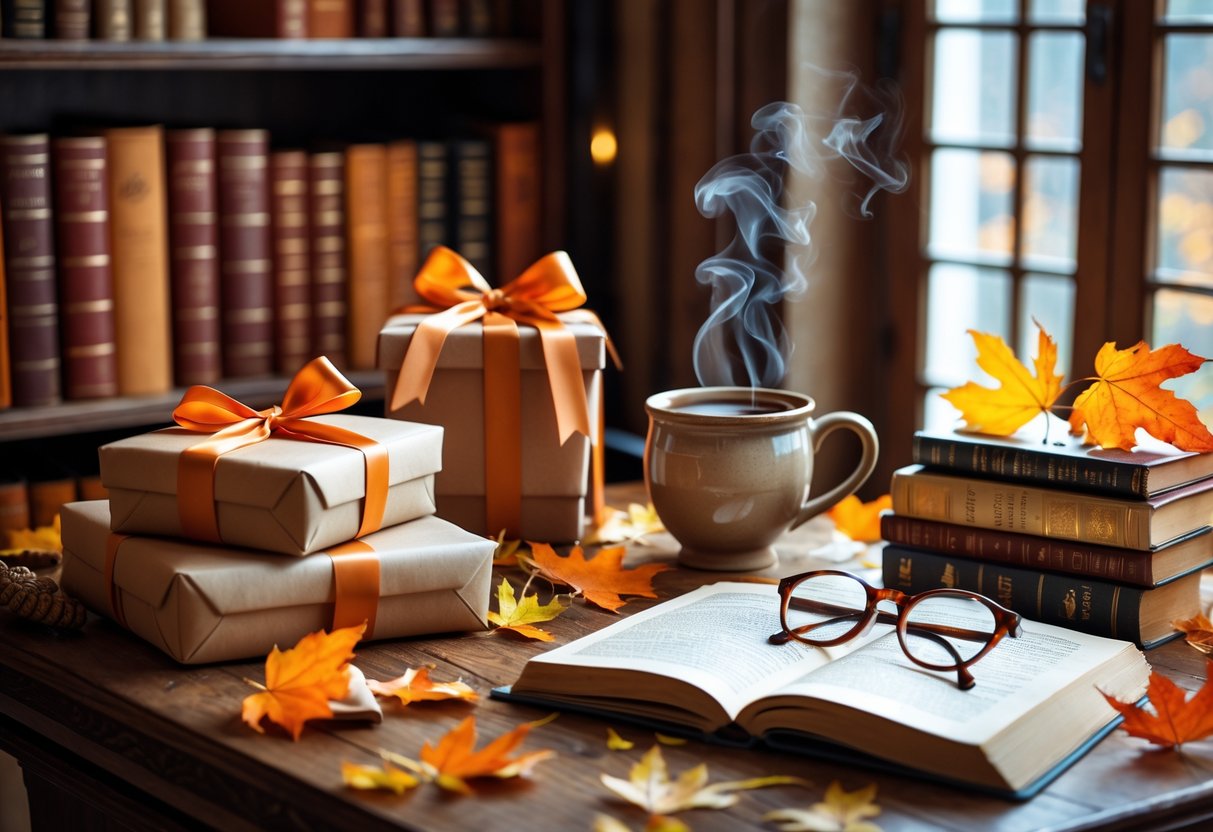 A cozy autumn scene with wrapped birthday gifts, books, reading glasses, and a cup of tea on a wooden table in a study.