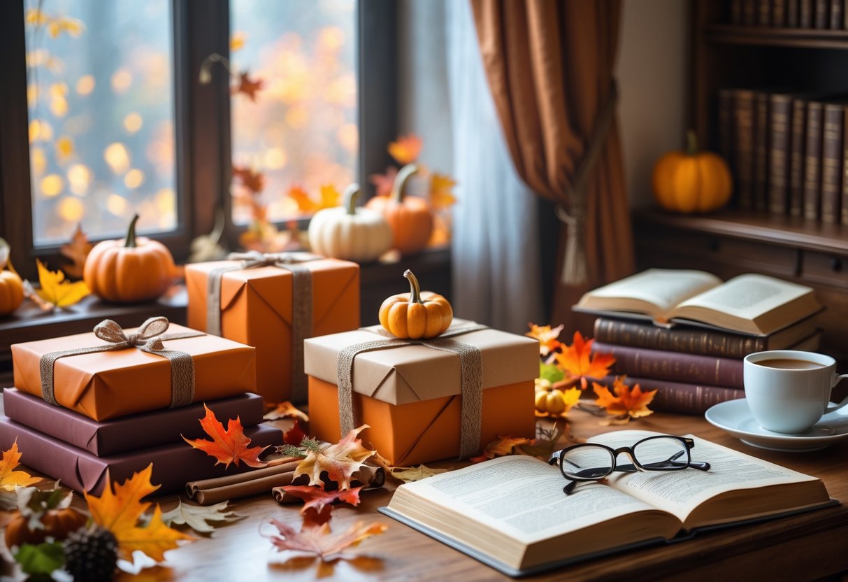 A cozy autumn scene with wrapped fall-themed gifts, books, reading glasses, and a cup of tea on a wooden table near a window with fall foliage outside.