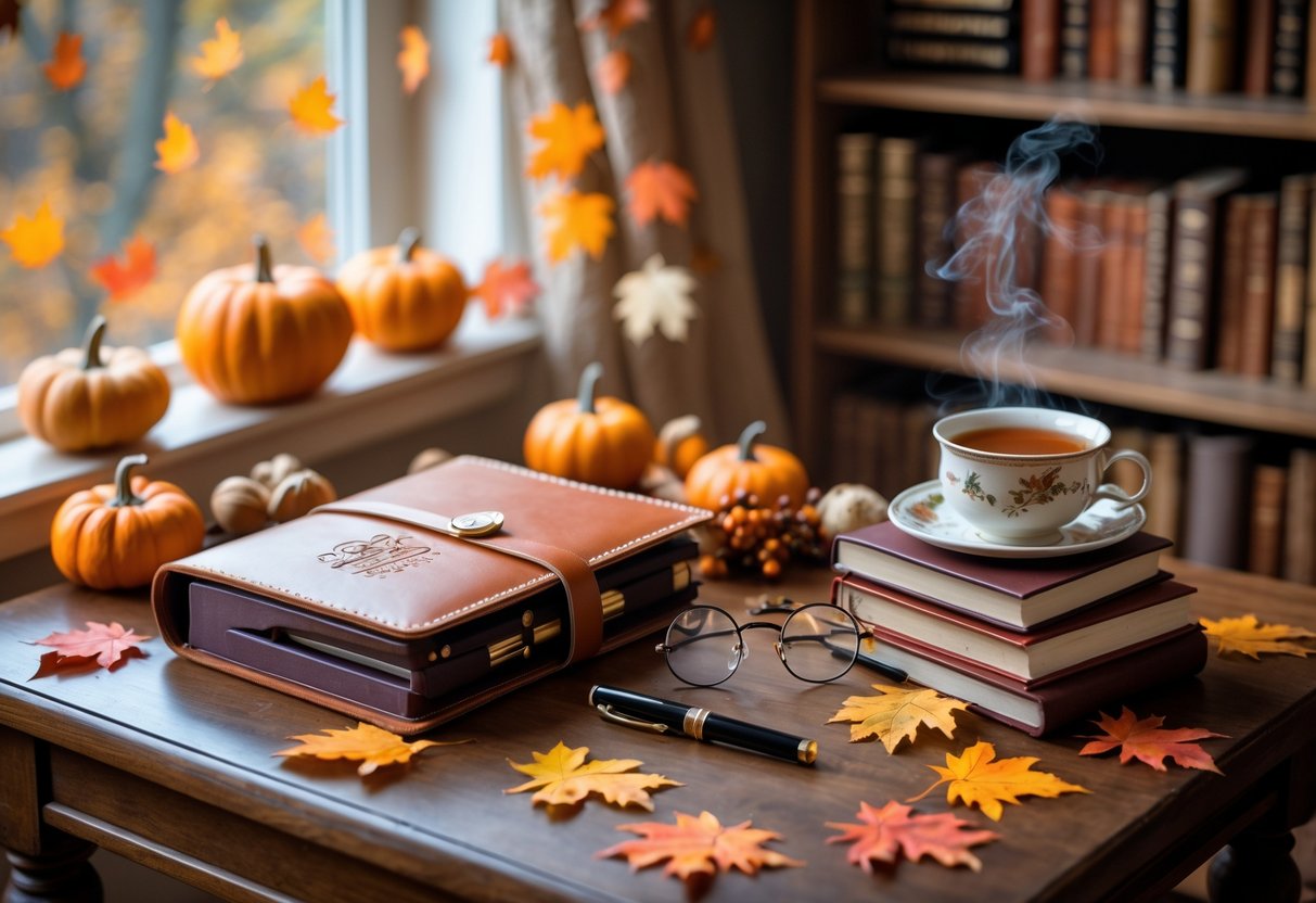 A wooden table with personalized gifts including a leather journal, fountain pen, books, reading glasses, and a cup of tea, surrounded by autumn leaves and small pumpkins near a window.
