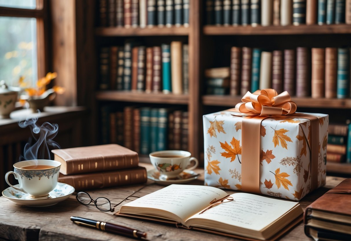 A wrapped birthday gift on a wooden table surrounded by books, reading glasses, a cup of tea, and a notebook near a window with soft natural light.