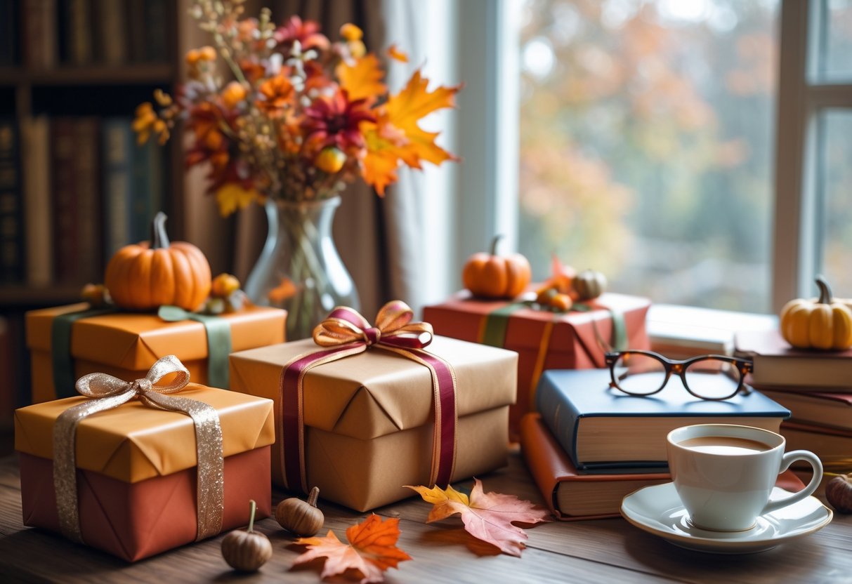 A table with wrapped gifts, autumn leaves, pumpkins, books with reading glasses, a vase of fall flowers, and a cup of tea in a cozy indoor setting.