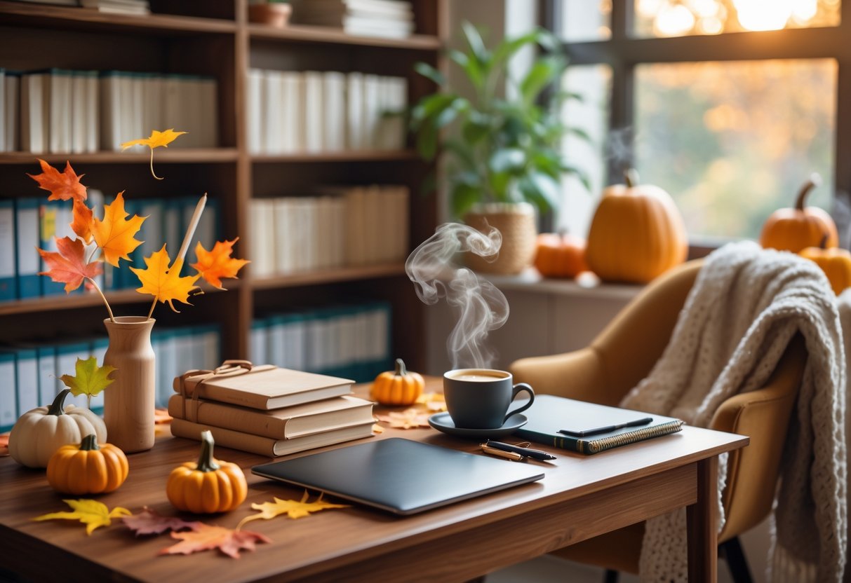 A cozy classroom and office desk decorated with fall items like pumpkins and leaves, books, a laptop, and a cup of coffee, with shelves and a plant in the background.