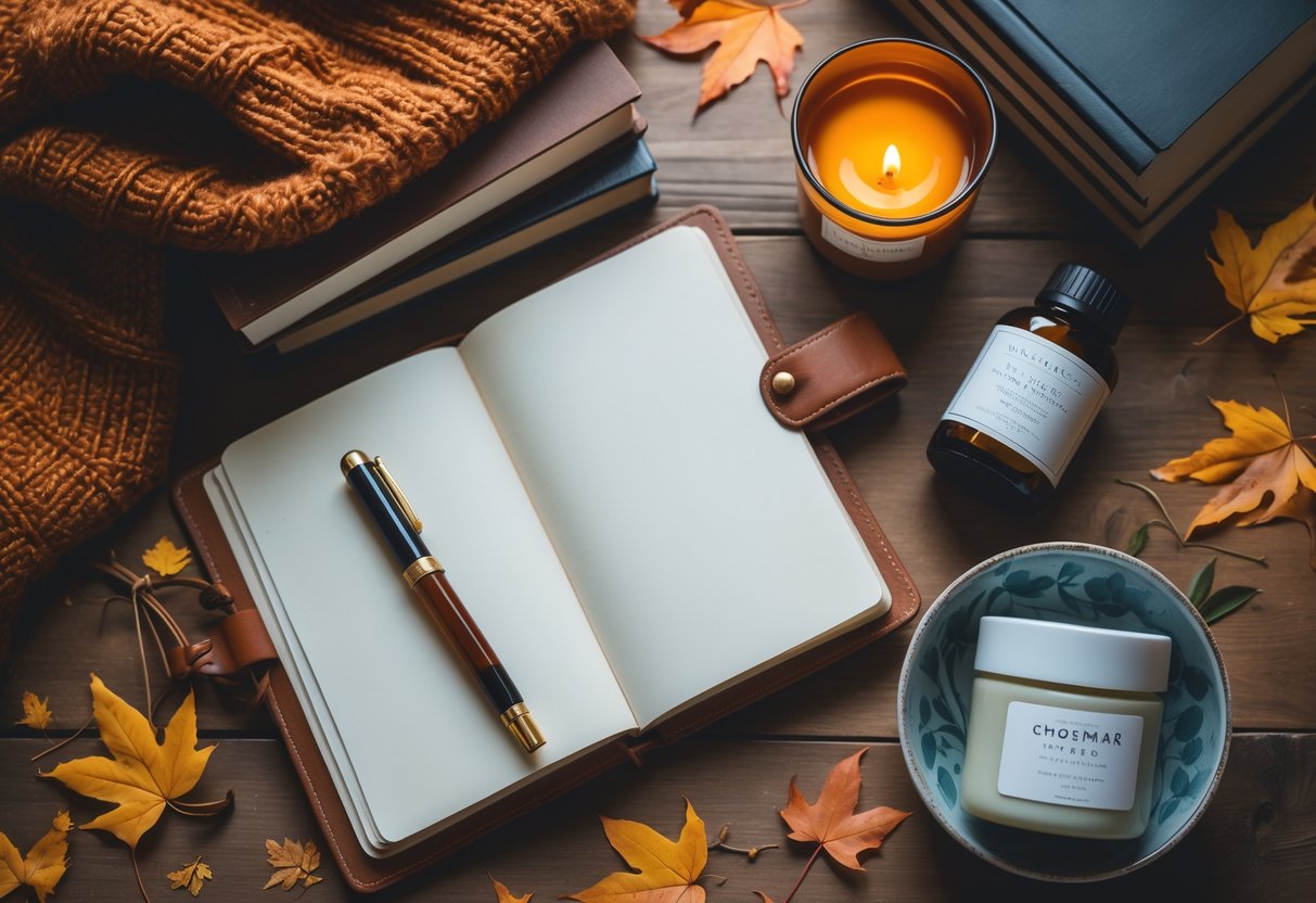 A flat lay of fall-themed wellness and self-care items including a scarf, journal, books, candle, tea, skincare products, and reading glasses on a wooden table with autumn leaves.