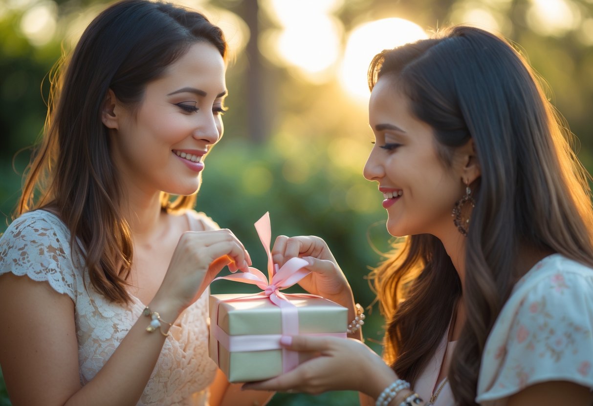 Two women outdoors tying a pastel ribbon around a small gift box, sharing a warm and affectionate moment.