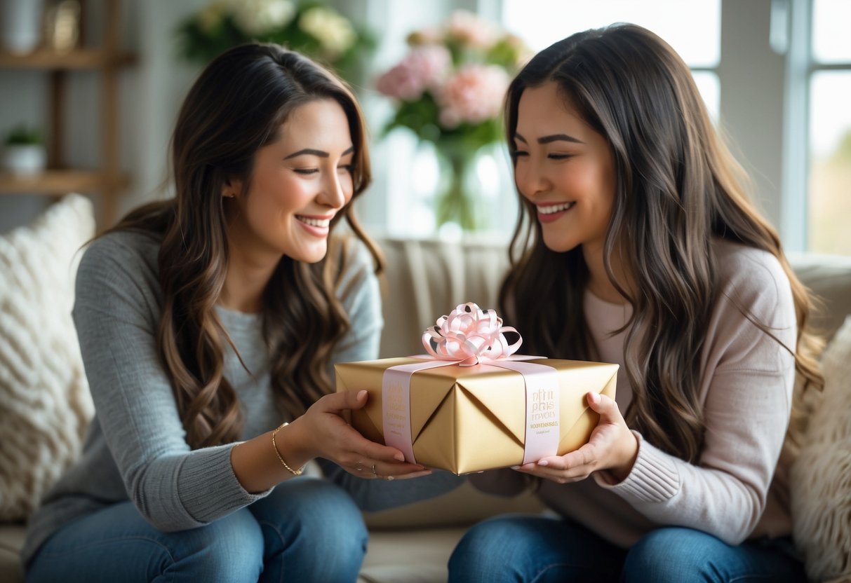 Two women exchanging a wrapped gift with warm smiles in a cozy home setting.