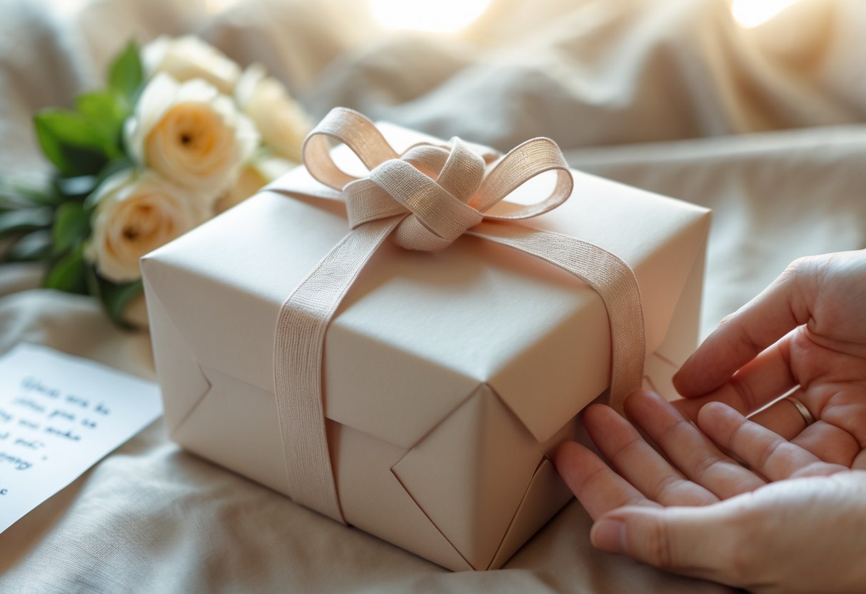 A wrapped gift box with a knot-shaped ribbon, fresh flowers, a handwritten note, and two hands gently touching nearby.