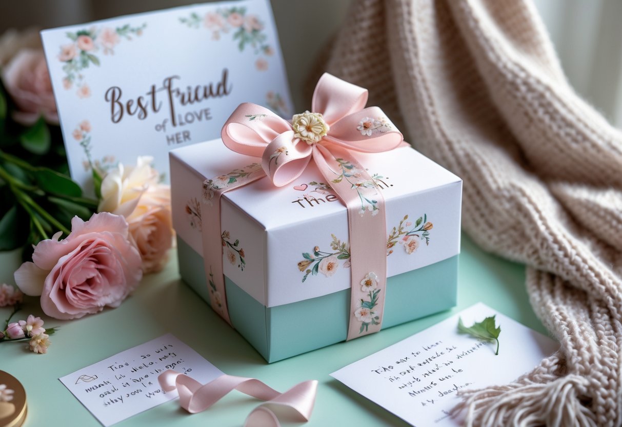 A gift box decorated with ribbons and flowers, surrounded by a bouquet, a farewell card, and a knitted scarf on a pastel surface.