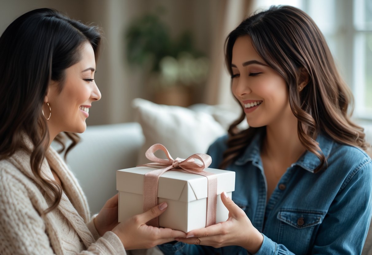 Two women exchanging a beautifully wrapped gift box, smiling warmly at each other in a cozy indoor setting.