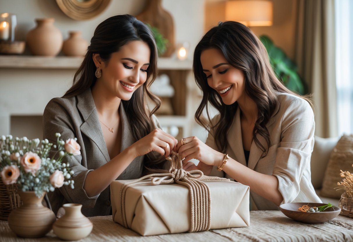 Two women sharing a warm moment as one ties a handcrafted bracelet on the other's wrist in a cozy, elegant room filled with artisanal decor.