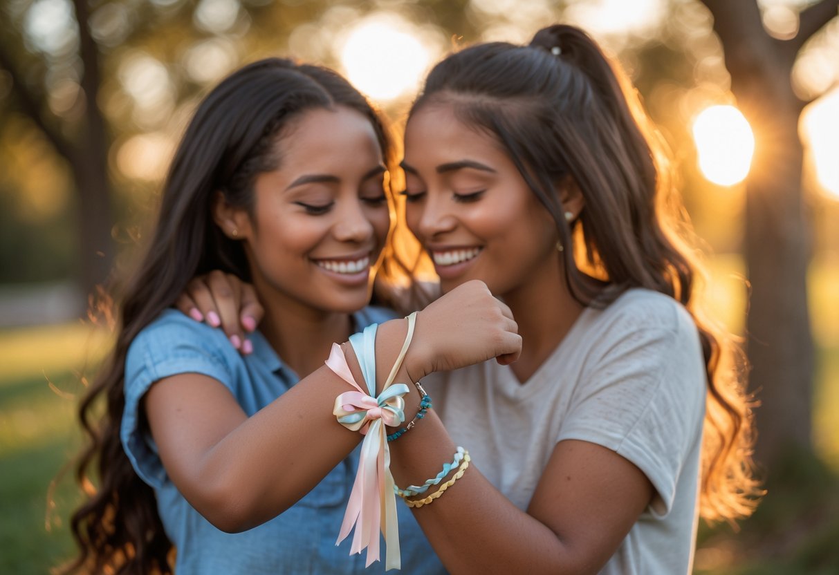 Two best friends outdoors at sunset, one tying a delicate ribbon knot on the other's wrist as a goodbye gift, sharing an emotional embrace.