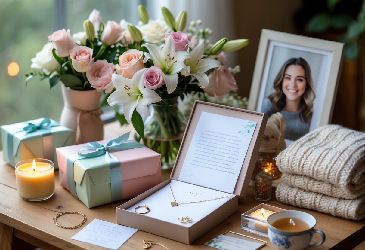 A table with wrapped gifts, flowers, a handwritten letter, a jewelry box with a necklace, a knitted blanket, a lit candle, a cup of tea, and a framed photo of a smiling woman.