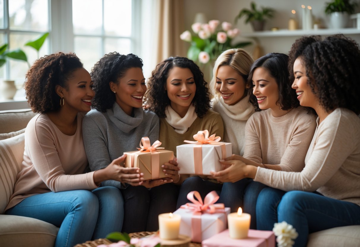 A group of women sharing gifts and embracing in a cozy, sunlit living room, expressing warmth and support during a meaningful life transition.