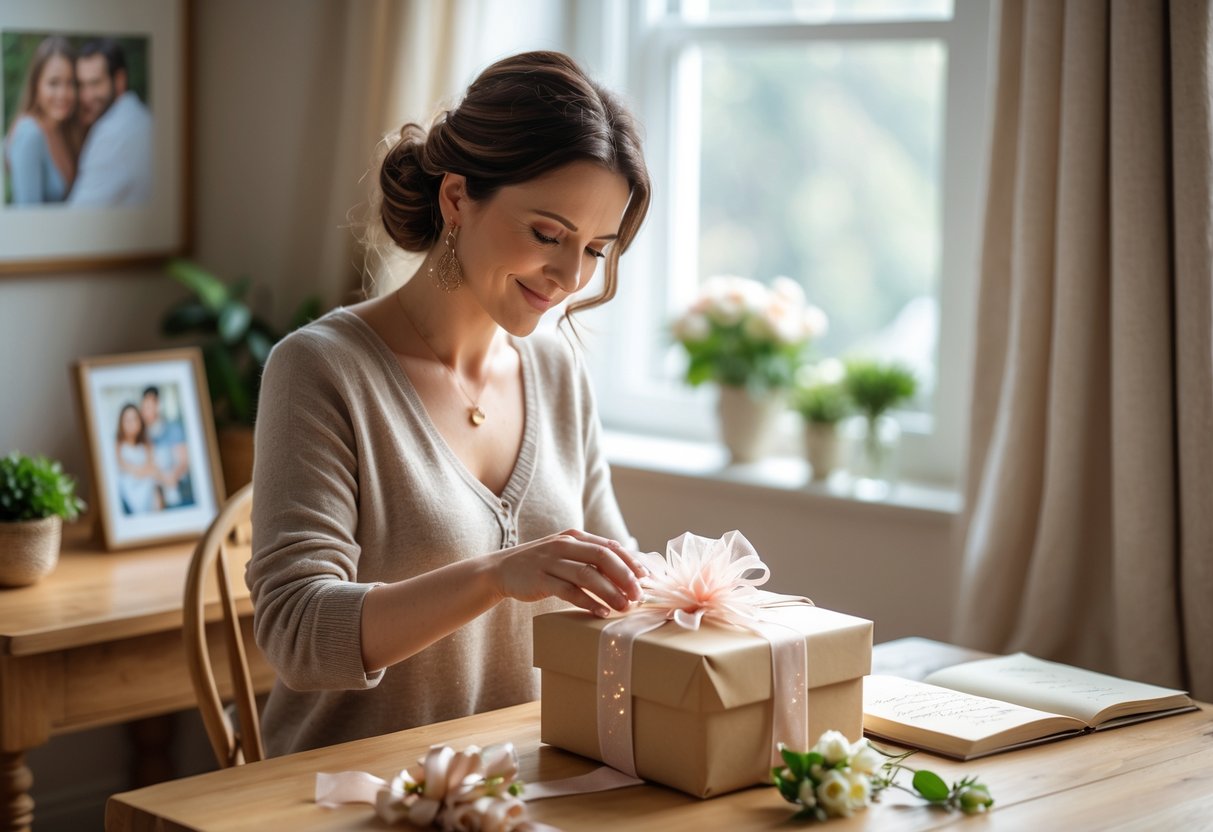 A woman wrapping a gift at a wooden table with flowers and personal items around her, creating a warm and thoughtful atmosphere.