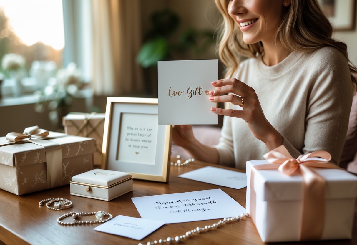 A woman gently holding a custom photo frame surrounded by personalized gifts on a wooden table in a cozy living room.