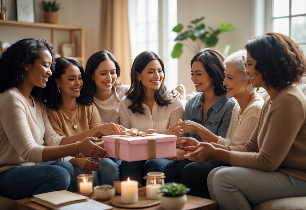 A group of women exchanging gifts and smiling warmly in a cozy living room filled with natural light.