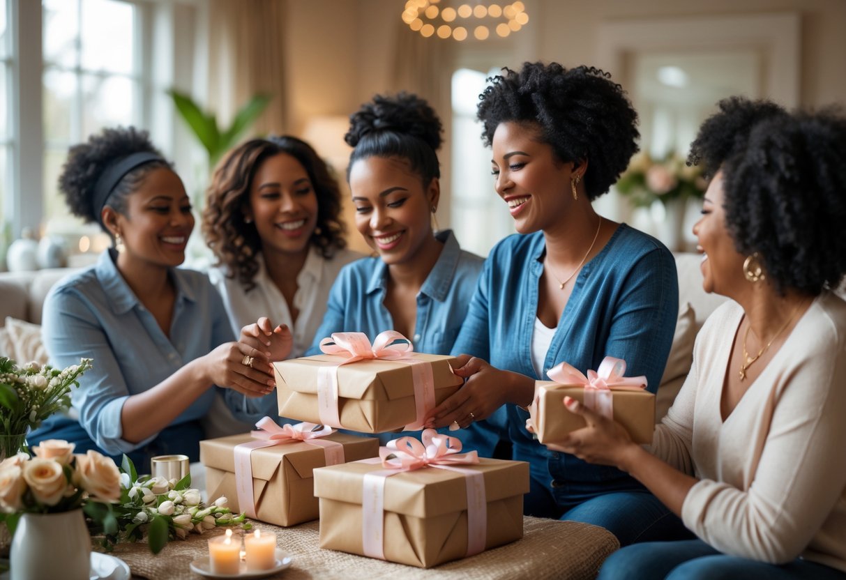 A group of women celebrating together as one woman receives a wrapped gift, smiling warmly in a cozy living room.