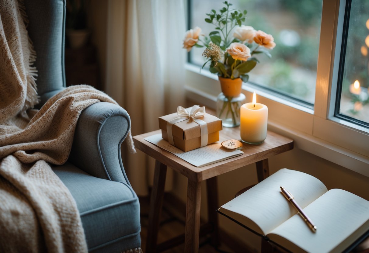 A cozy armchair next to a small table with a wrapped gift, an open journal, a lit candle, and fresh flowers by a sunlit window.