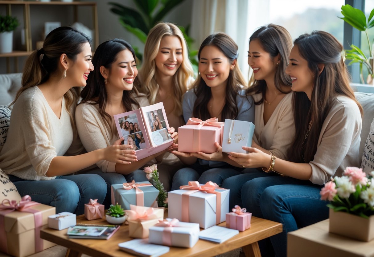 A group of female friends exchanging going-away gifts and hugging indoors, surrounded by wrapped presents and warm home decor.