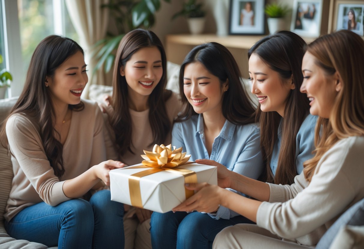A group of female friends in a living room exchanging a sentimental gift, showing warm and emotional expressions.