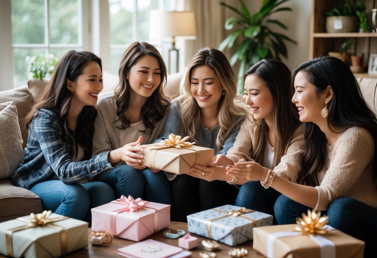A group of female friends exchanging going-away gifts and hugging in a cozy living room.