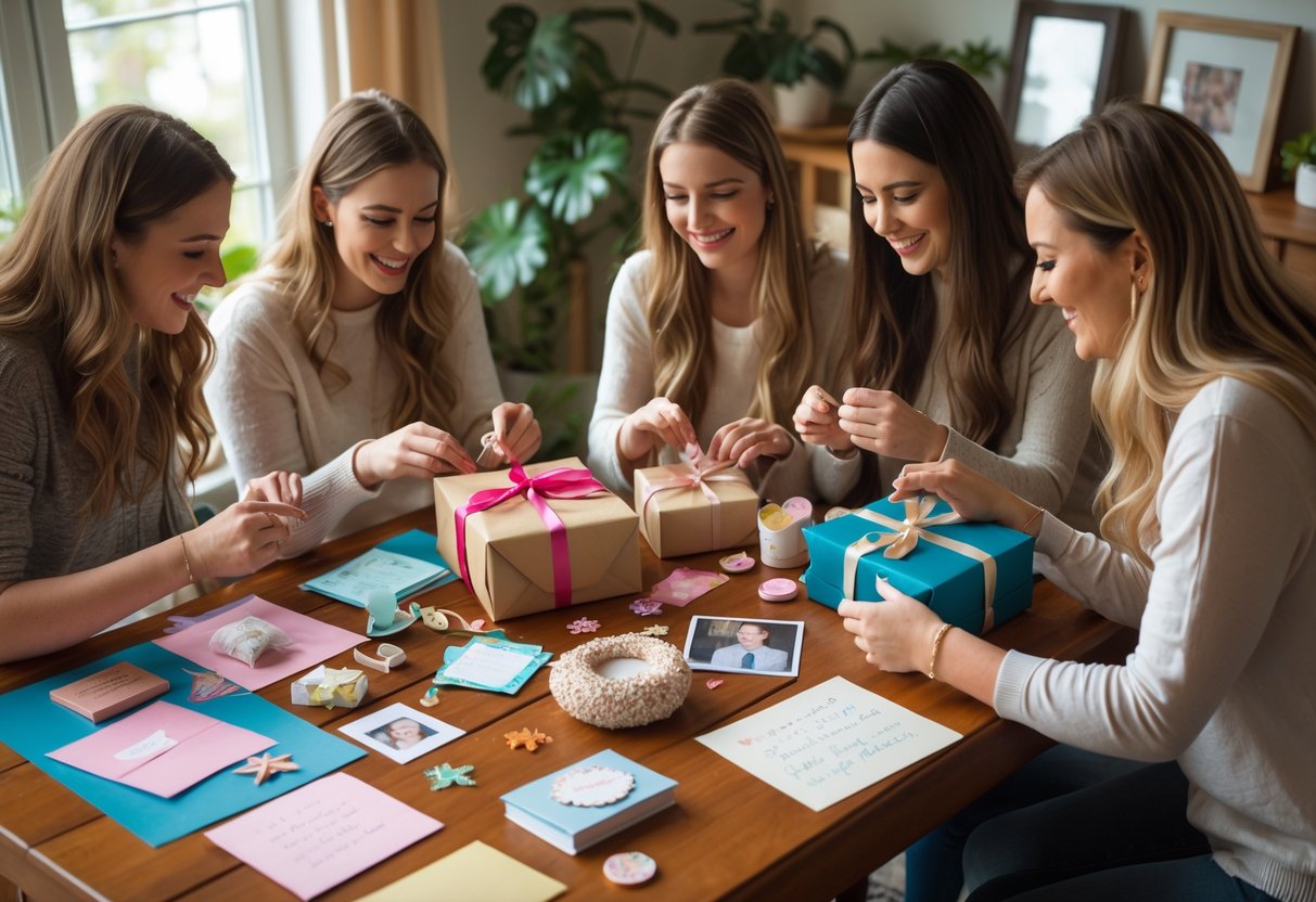 A group of female friends gathered around a table, personalizing going-away gifts with cards, ribbons, and keepsakes in a cozy, well-lit room.