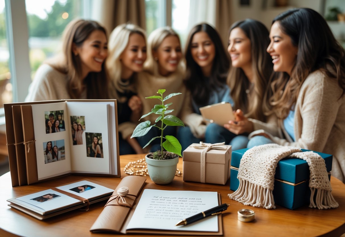 A collection of sentimental going-away gifts on a table with female friends sharing a warm moment in the background.