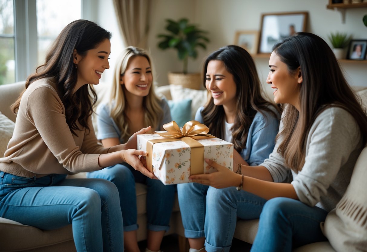 A group of female friends in a living room sharing a heartfelt moment as one gives a wrapped gift to another.