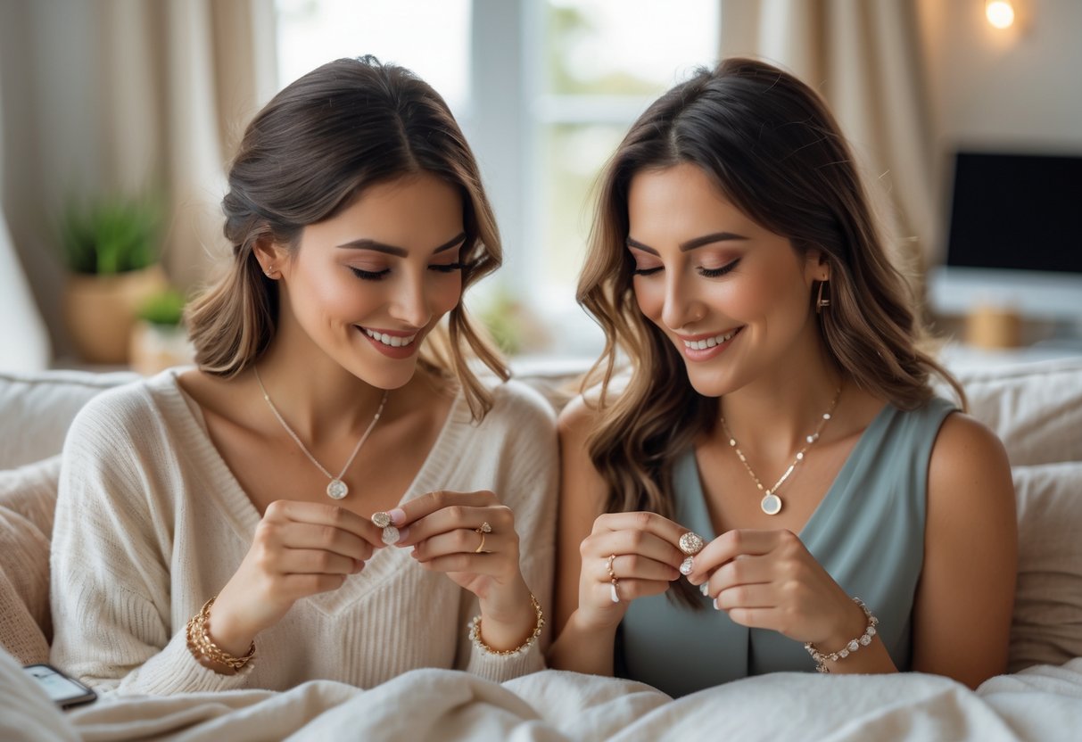 Two women in separate rooms smiling and holding matching jewelry, showing their close friendship despite being apart.