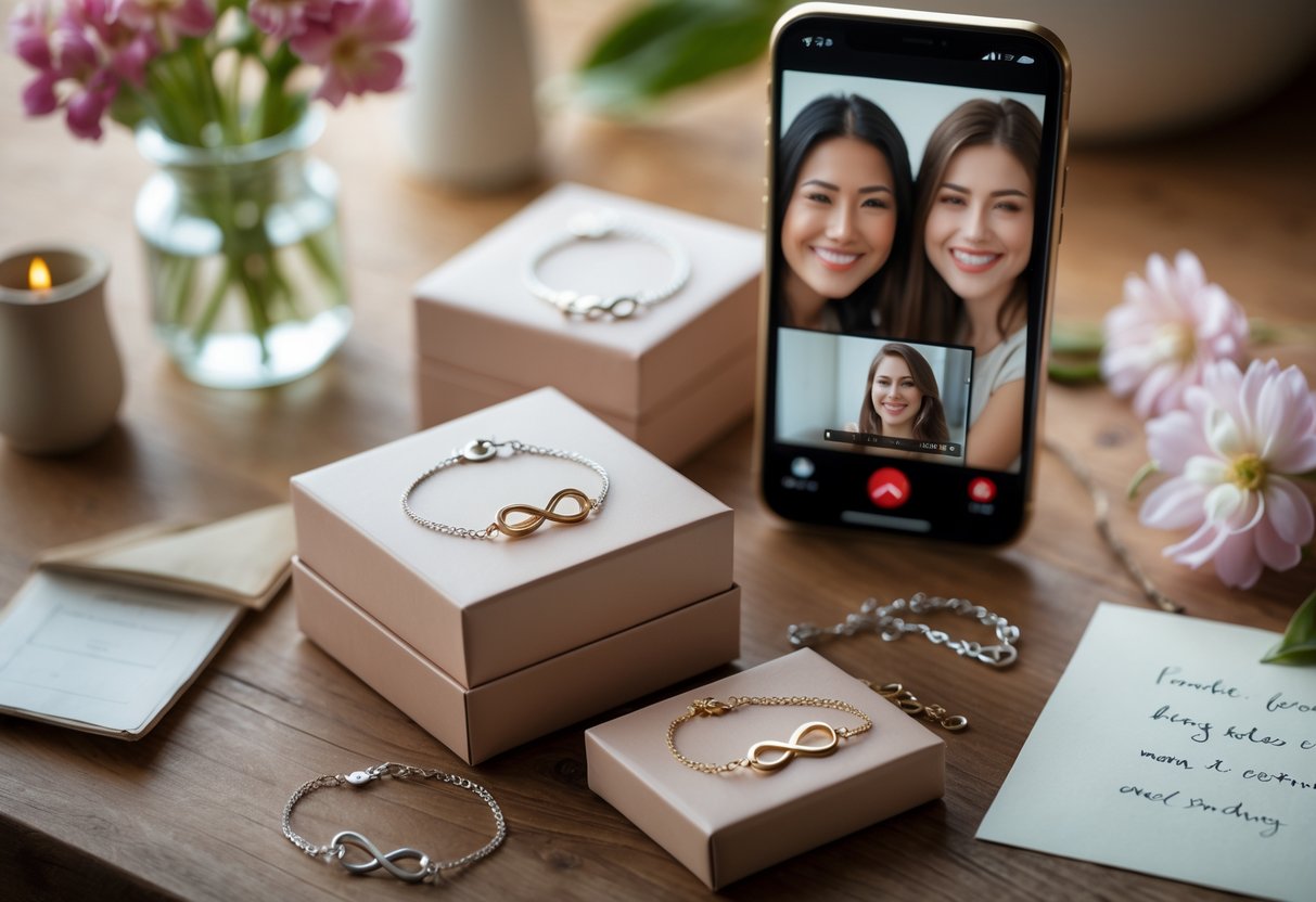 Two jewelry gift boxes with matching bracelets on a table next to a smartphone showing a video call between two smiling women.