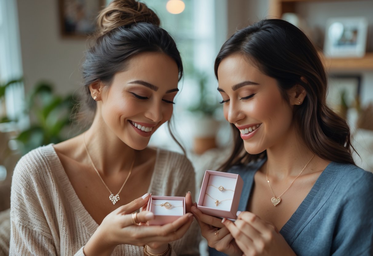 Two women in separate homes smiling and holding matching jewelry pieces, symbolizing their close friendship despite the distance.