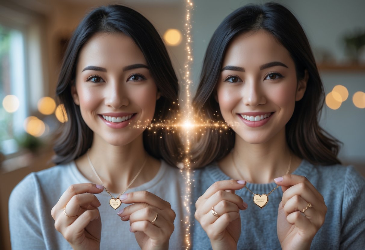 Two women in separate cozy rooms holding matching sentimental jewelry gifts, smiling warmly and connected by a soft glowing digital effect.