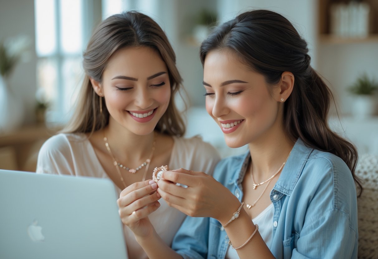 Two women in separate locations smiling and video chatting while one holds a delicate jewelry gift, symbolizing long-distance friendship and connection.